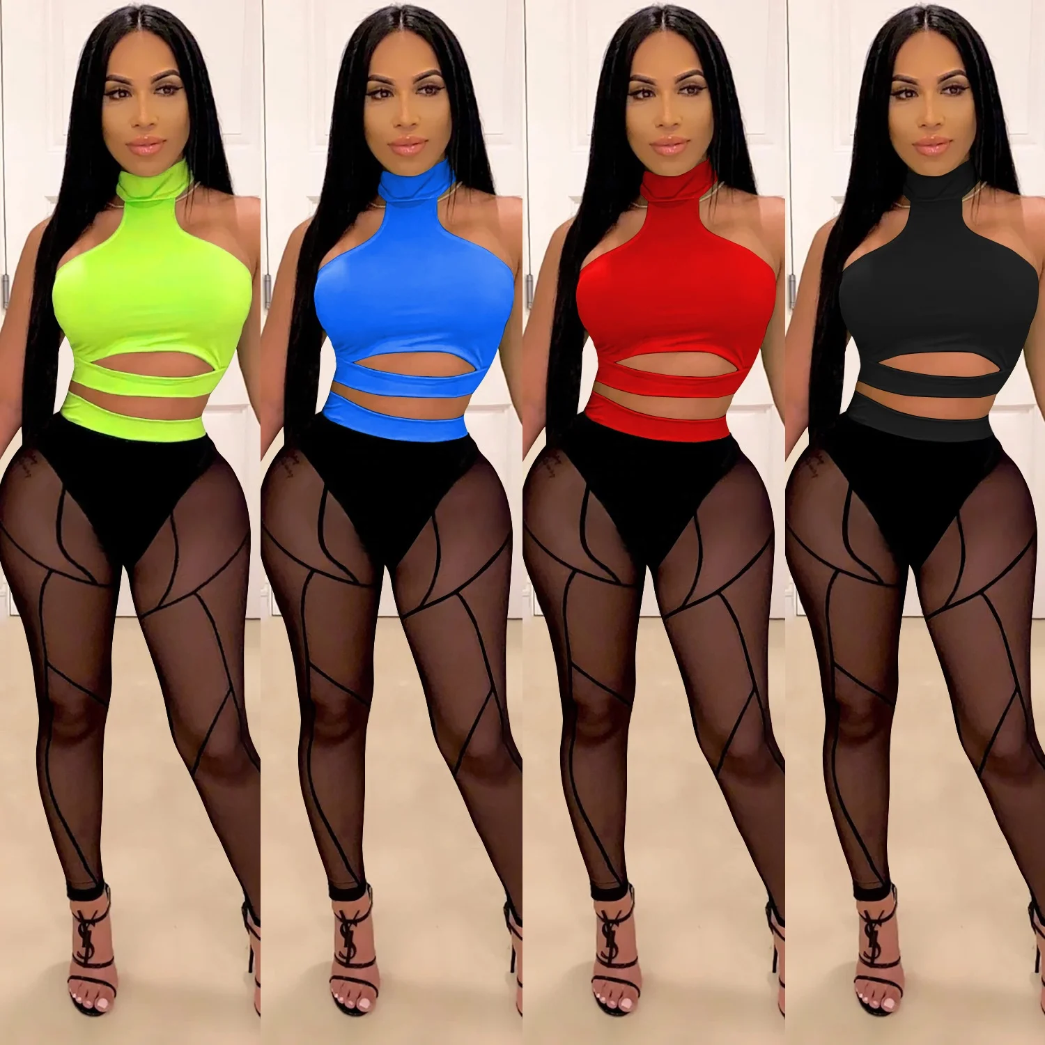 

RX-3650 New fashion sleeveless bodycon top mesh pants outfits ladies nightclub wear see-through sexy women 2 piece set 2021, As picture shows or customized color