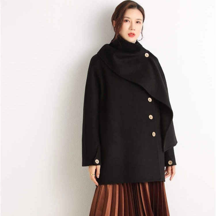 

2020 Fashion winter turtleneck 100% wool overcoat ladies trench coats jackets black wool coat women, Black khaki