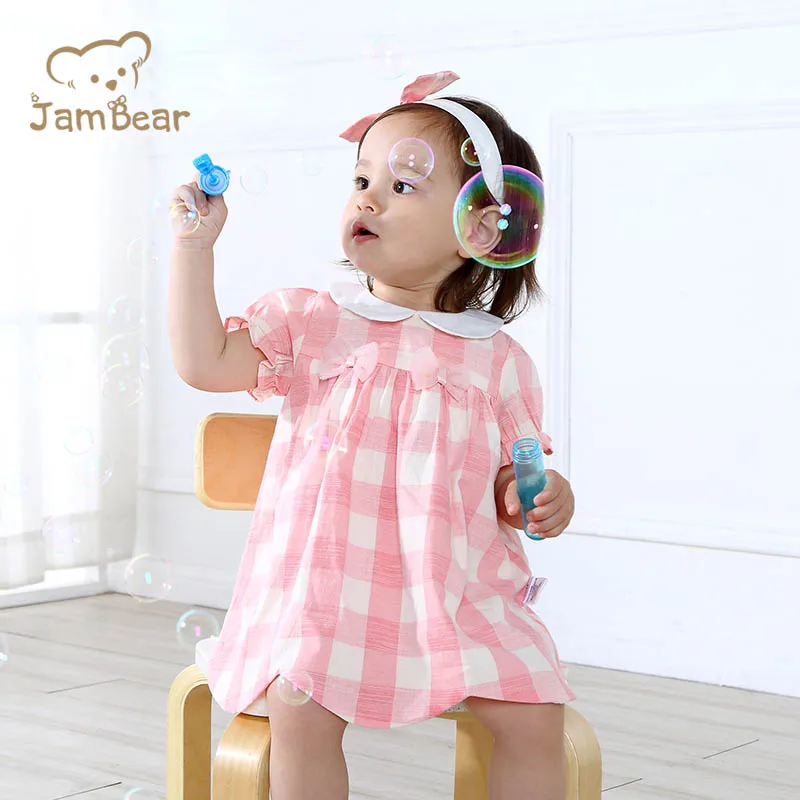 JamBear Baby Dresses 100% Organic Cotton Pink For Girls Checked Dress Infants Skirt Baby Summer Dress