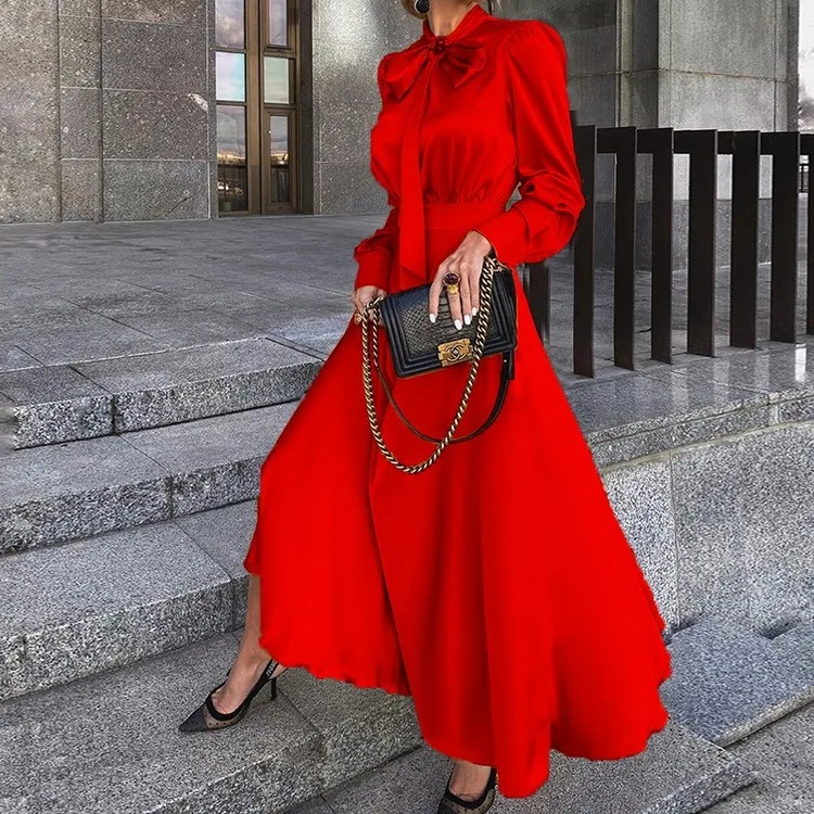

Sexy Red Long Dress For Women Dot Printing Deep V-neck A-line Elegant Dress Autumn Winter Party Fashion Clothing