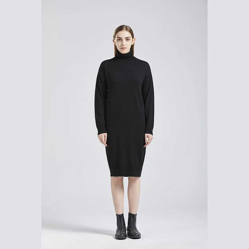 

sustainable quality women stylish fall winter high neck sweater dress for women, Black