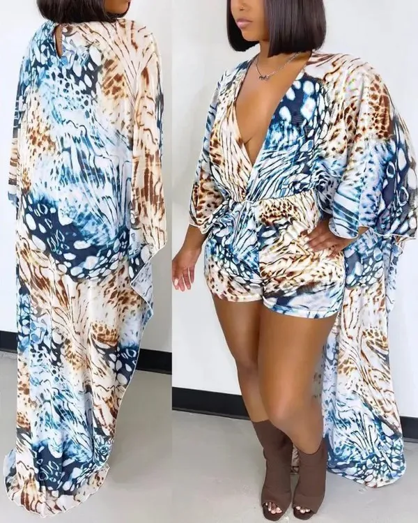 

2022 New Arrivals Fashion Print Sexy V-Neck Loose Design Long Sleeve One Piece Rompers Women Jumpsuit, Accept customized color