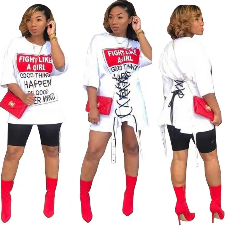 

2021Clothing Vendors Hot Casual Women Letter Print White Bandage T Shirt Dress