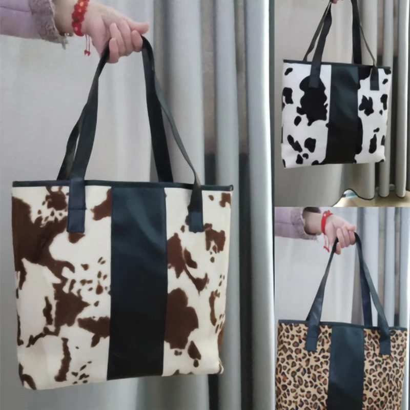 

Free Shipping Monogrammed Short Fur Leopard Cow Print Tote Bag Shoulder Shopping Handbag Travel Purse for Women, 3 colors