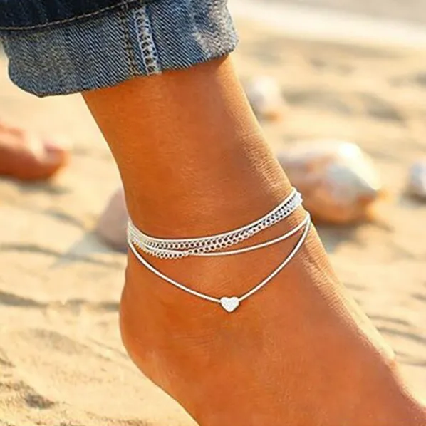 

Fashion Heart Bohemia Silver Color Anklet Bracelet for Women 7 BEADS Female Anklets Barefoot Leg Chain Summer Beach Foot Jewelry