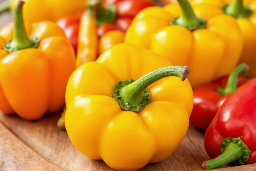 Close-up view of fresh ajicito peppers on a wooden cutting board showing their vibrant yellow and orange colors
