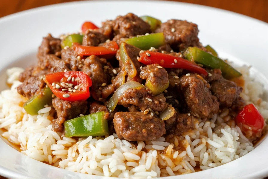 Finished plate of pepper steak and onions served over jasmine rice with sesame seeds sprinkled on top, vibrant colors of red and green peppers contrasting with brown sauce