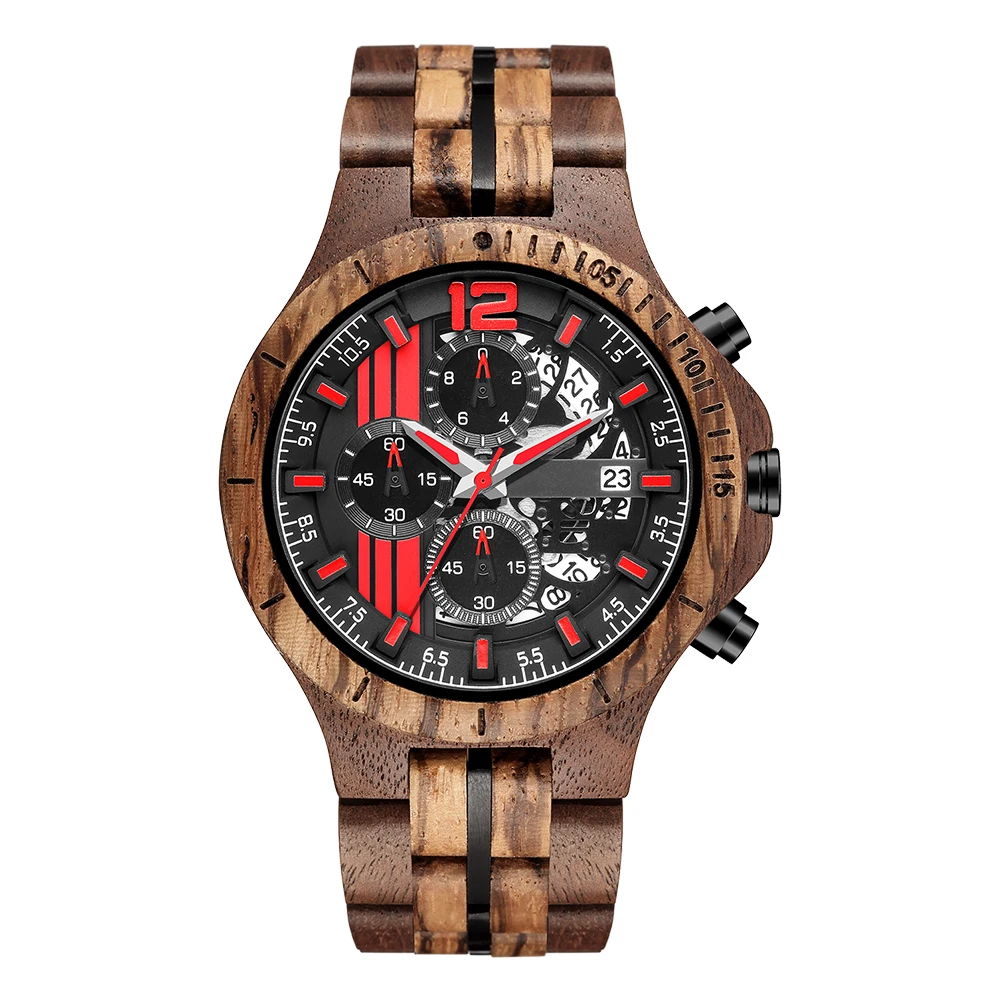 

Factory new men luxury auto date face stopwatch quartz wristwatches design your own logo wooden watches, 3 colors