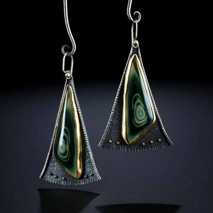 

Creative Design European Ancient Silver Plating Geometric Colored Glazed Earrings Vintage Triangle Fan Hook Earrings