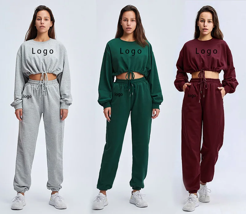 

Autumn winter jogger jumpers Gym Custom Workout cotton2 piece women set crop top oversize hoodie women sweatshirts, Customized color