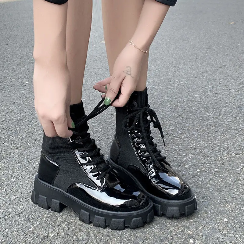 

2020 New Casual Lace Up Gothic Combat Ankle Boots Woman Shoes Army Black Sock Platform Leather Boots Women Fashion Botas, Black gloss, black matte