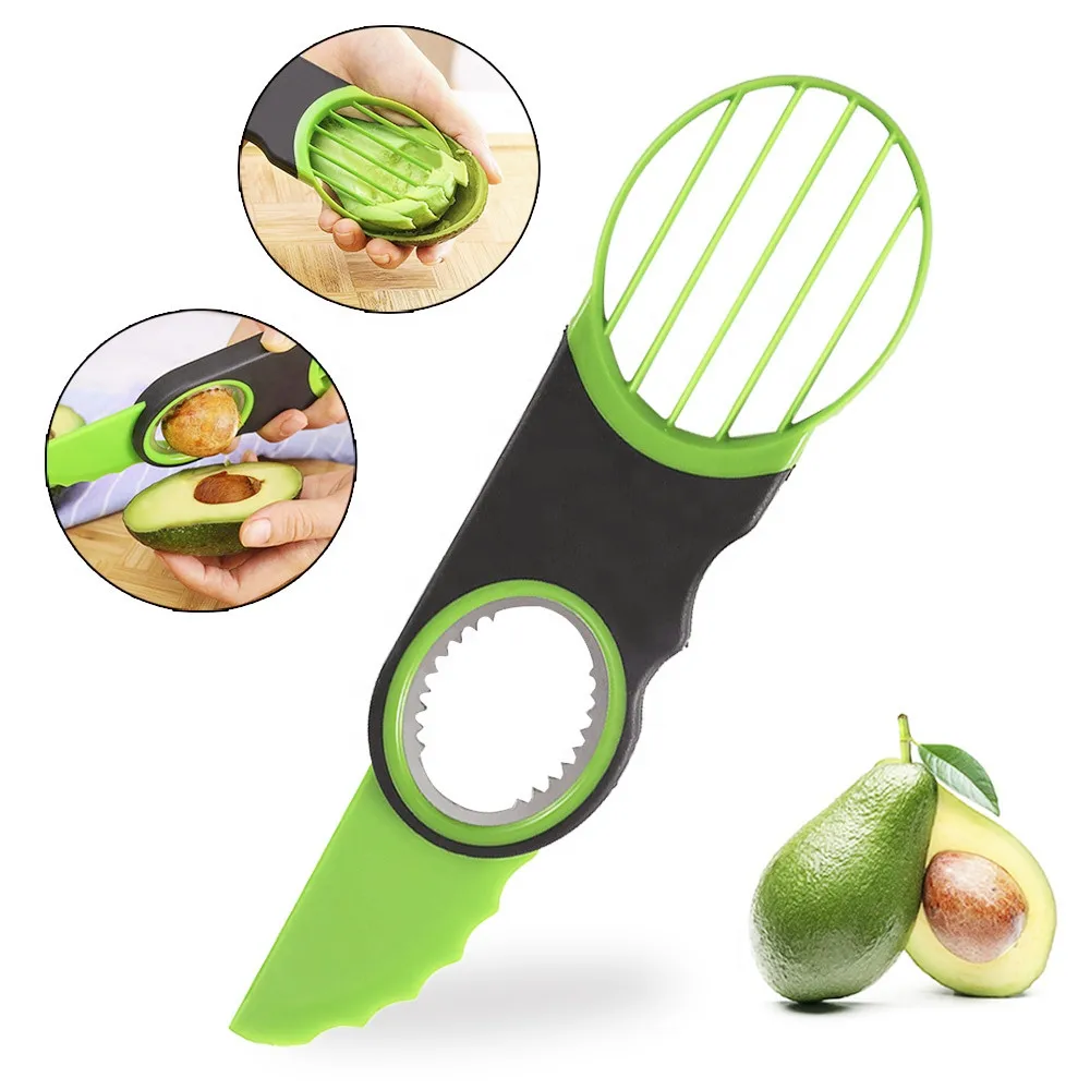 

In Stock Kitchen Gadgets 2021 Fruit Vegetable Peeler 3 in 1 Avocado Slicer Cutter Avocado Slicer kitchen gadgets tools, Green and gary