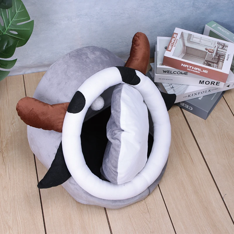 

Luxury pet bed cave super soft fabric cow shape customizable pet cat cave bed house, As picture