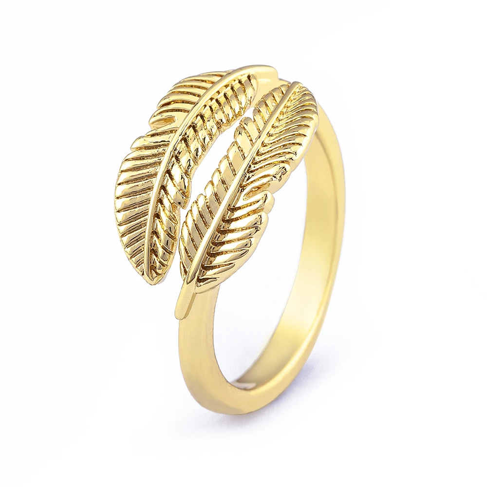 

18K Gold Plated Personality Feathers Opening Rings Copper Cubic Zircon Charm Adjustable Rings High Quality Jewelry for Couple