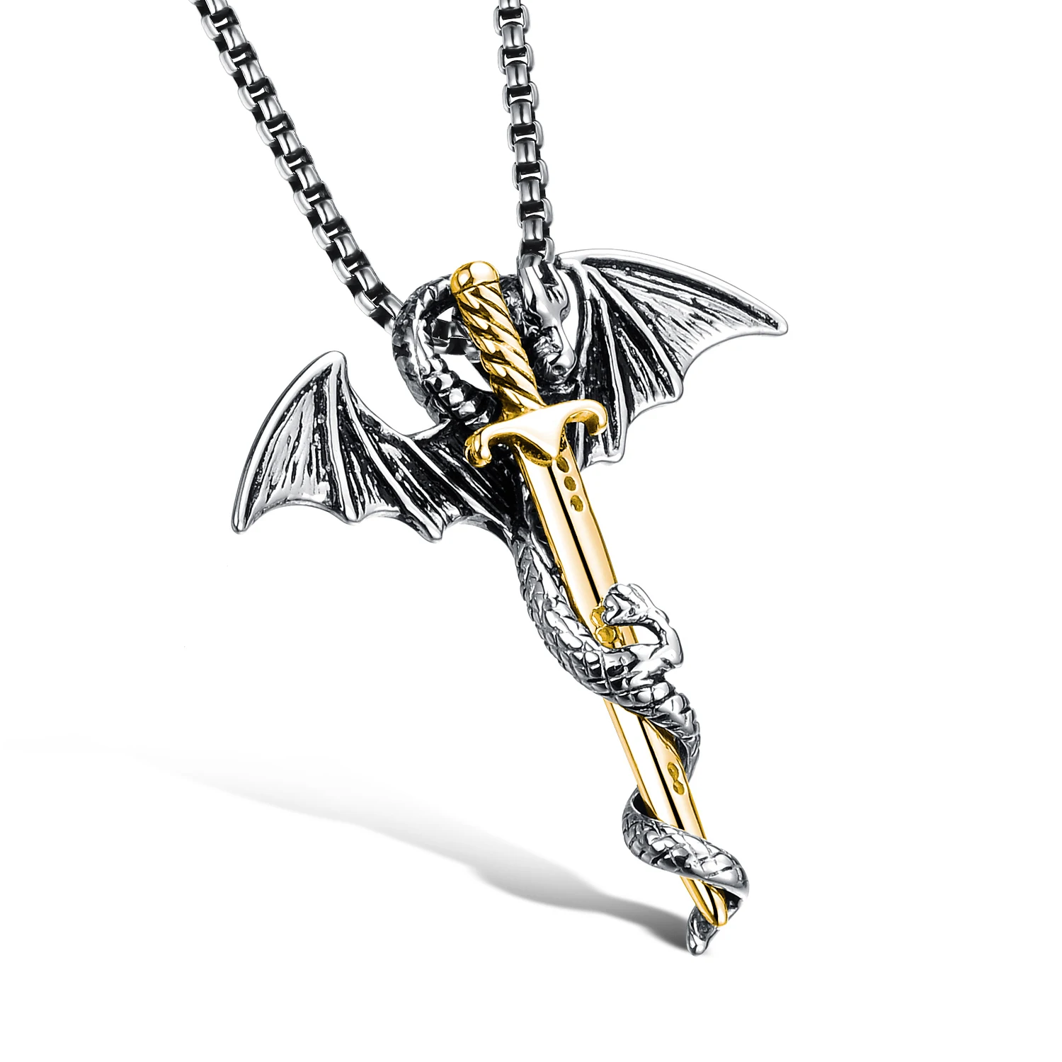 

Personalized Flying Dragon Pendant with Chain Punk Titanium Steel Dragon Sword Wing Pendants Necklaces for Men Boys, Silver, gold