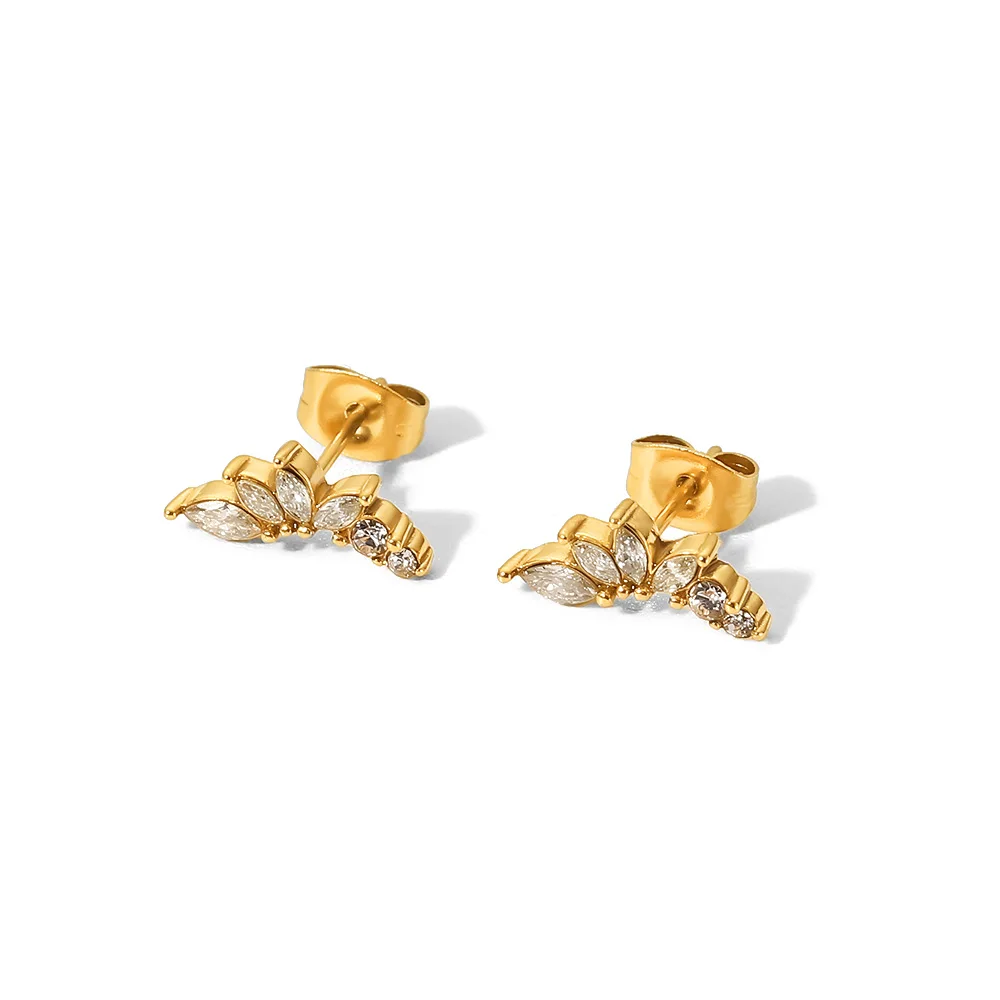 

Curved Flower Zircon Statement Earrings Stainless Steel 18K Gold Plated Fashion Jewelry Stud Earrings