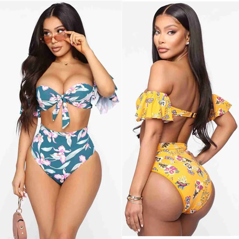 

Summer floral print sexy bathing suit set strapless one shoulder bikinis woman swimwear 2 piece set plus size swimsuit, Picture shown