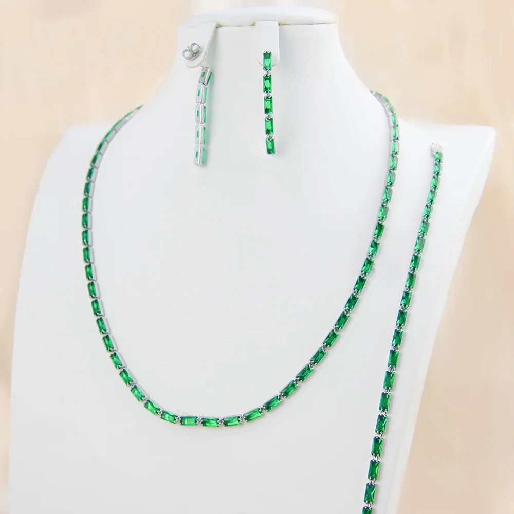 Simple Style Colorful Zircon Copper Gold And Silver Color Stone Rainbow Tennis Necklace Bracelet Jewelry Set For Women