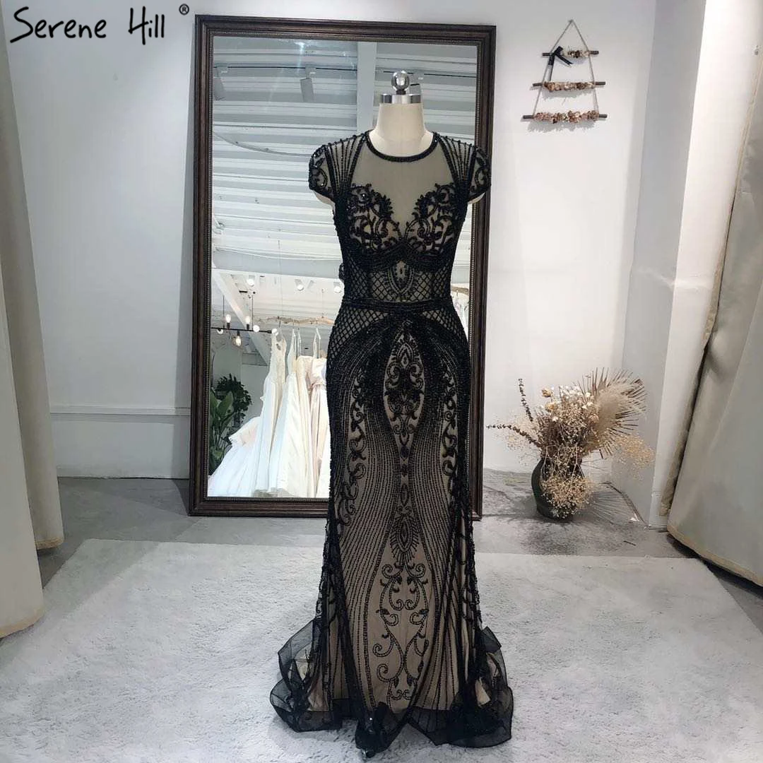 

Black Cap Sleeves Beaded Mermaid Fish Tail Evening Gowns Serene Hill LA60934 Floor Length Formal Dinner Party Dresses For Women