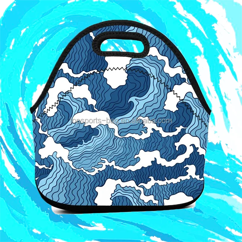

Eco Friendly Travel Sea Beach Wave Neoprene Picnic Lunch Bag Carrier Tote