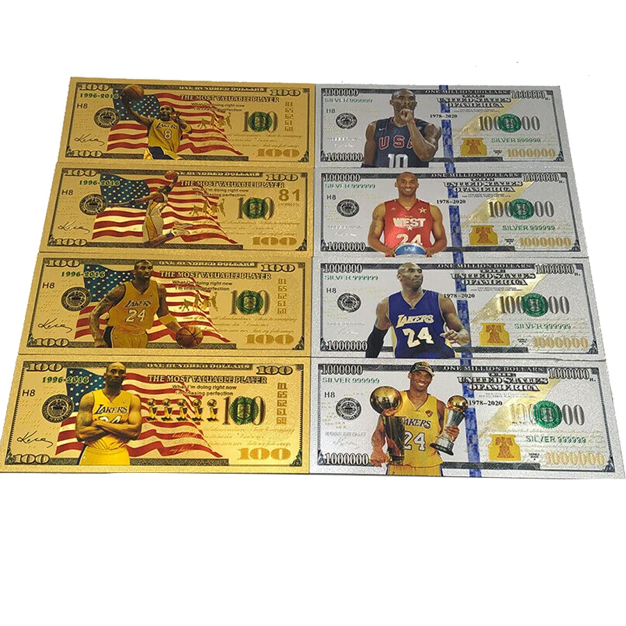 

8 types Gold/silver Foil Kobe Bryant Money Banknote Colored American dollar Banknote Commemorative Gifts