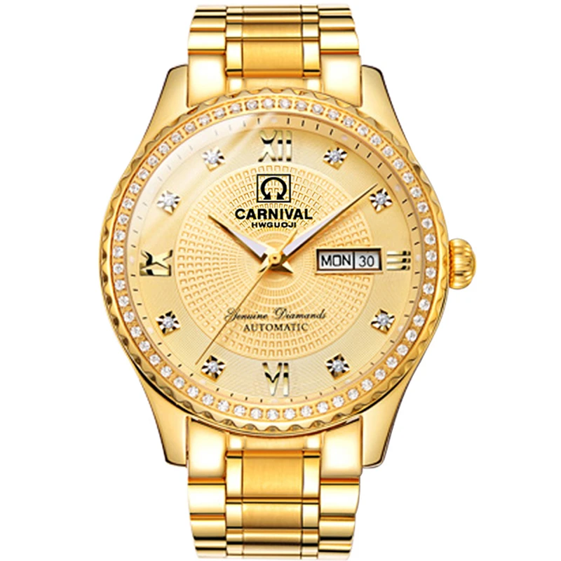 

CARNIVAL 8629G Top Brand Luxury Gold Watch Week Date Luminous Waterproof Watch Ceasuri Relogio Bracelet Men Hodinky Clock