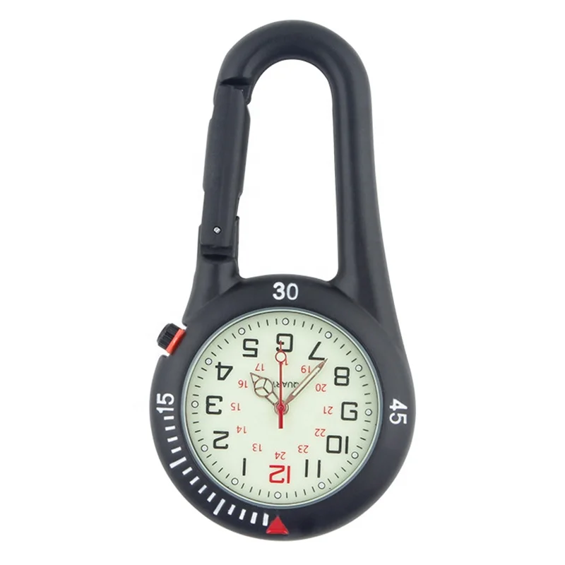 

Custom Outdoor Mini Round Dial Arabic Numbers Quartz Analog Clip Carabiner Hook Watch pocket watch Strong luminous Black Silver