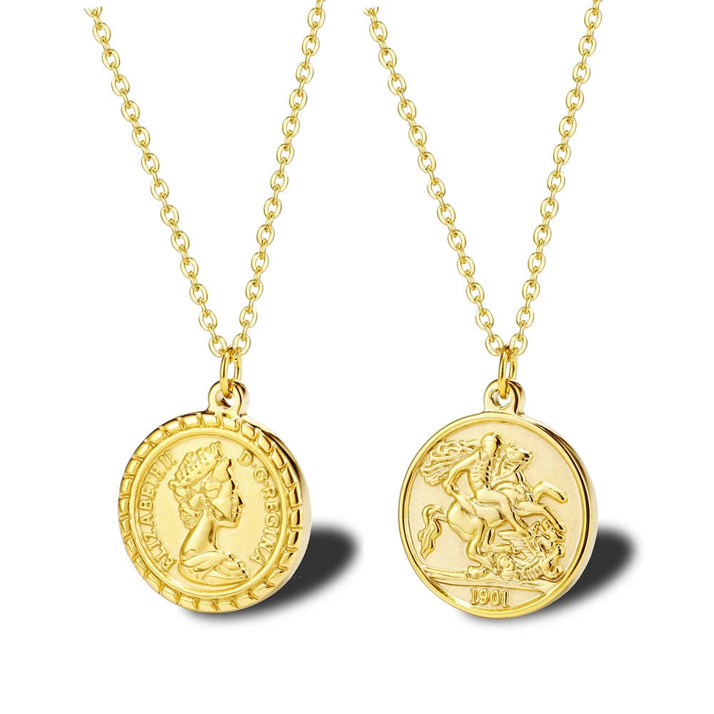 

OEM Stainless Steel 18K Gold Plated Coin Portrait Elizabeth Queen Round Card Pendant Custom Necklace Collar Dorado
