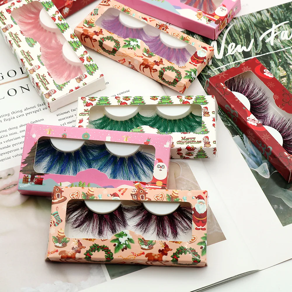 

25mm color mink eyelashes with paper package box 100% siberian 3d 8d wispy fluffy colorful mink eyelashes, Colorful color