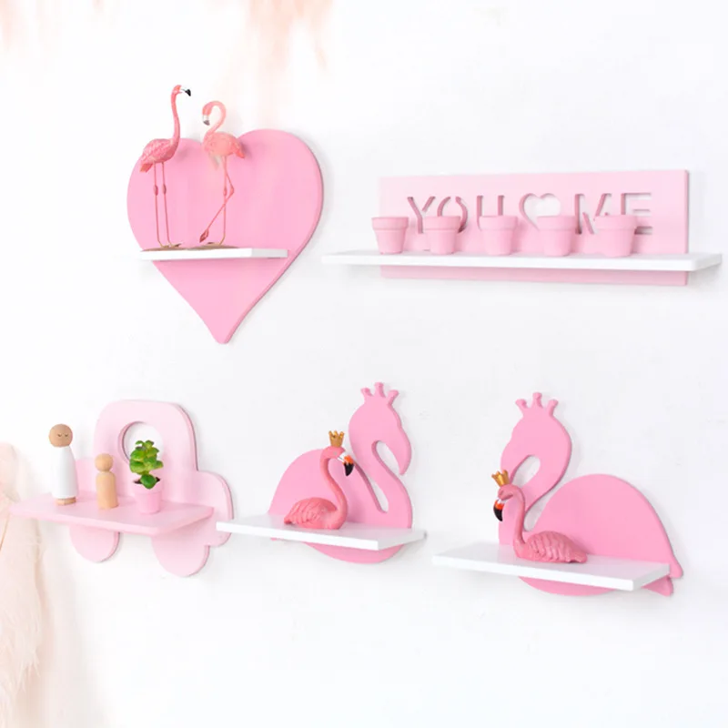 

Nordic Style Creative Wooden Lovely Pink Flamingo Display Wall Hanging Storage Shelf For Kids Room Decoration, 2 colors