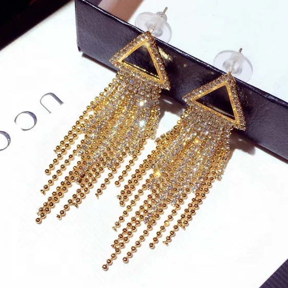 

New Fashion Long Tassel Earrings For Women Earrings Rhinestone Triangle Fringe Dangle Earrings Female Jewelry, Picture shows