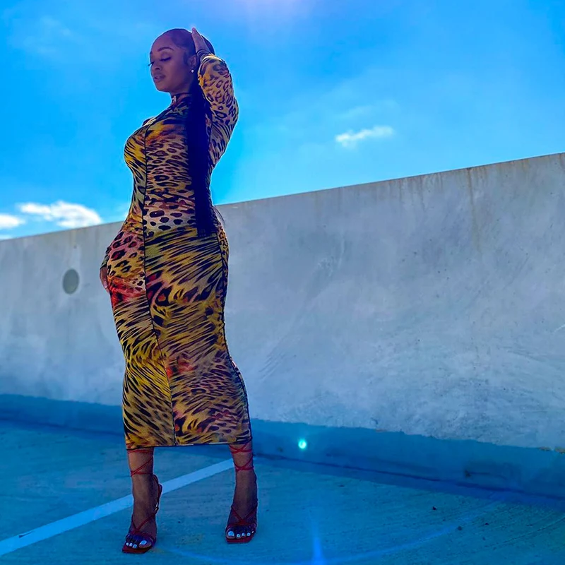 

Leopard Tiger Print Round Neck Sexy Bodycon Midi Vintage Dress 2020 Stylish Long Sleeve Side Striped Club Party Evening Clothing, Customized color