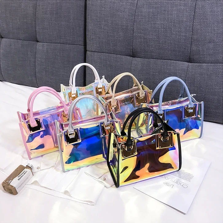 

feiyou wholesale large capacity transparent bag bolsa holographic waterproof laser tote bag clear pvc jelly bags for women, As picture