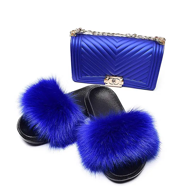 

Women Large Custom jelly purse fur slides furry fur slipper slides and purse handbag sets