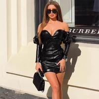 

Off shoulder women pu dress 2019new design deep v sexy women puff sleeve party dress