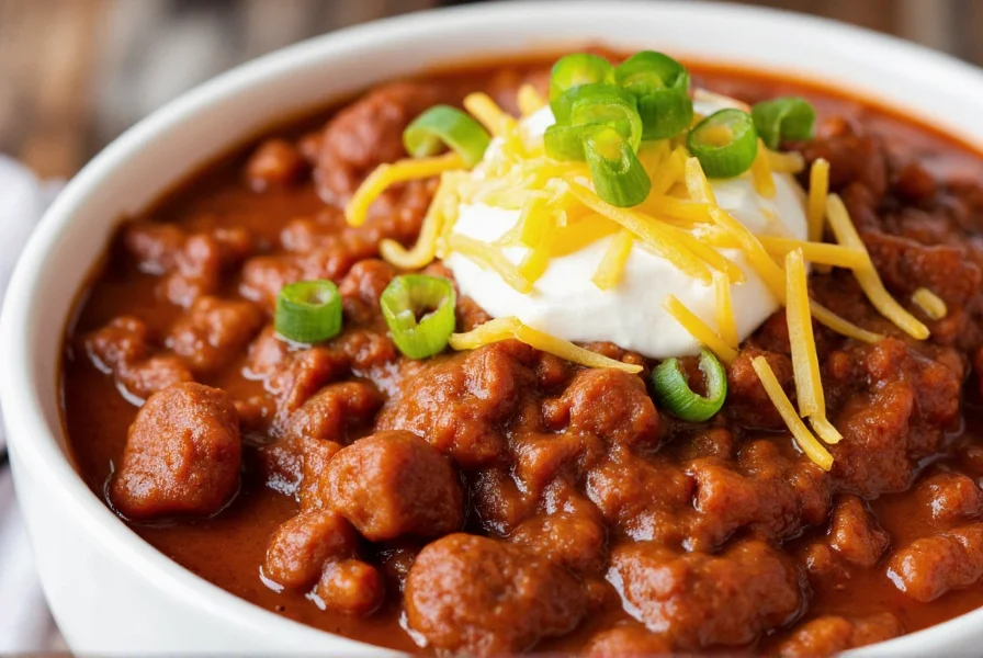 Close-up of perfectly textured beef chili in white bowl with toppings including sour cream, shredded cheese, and green onions