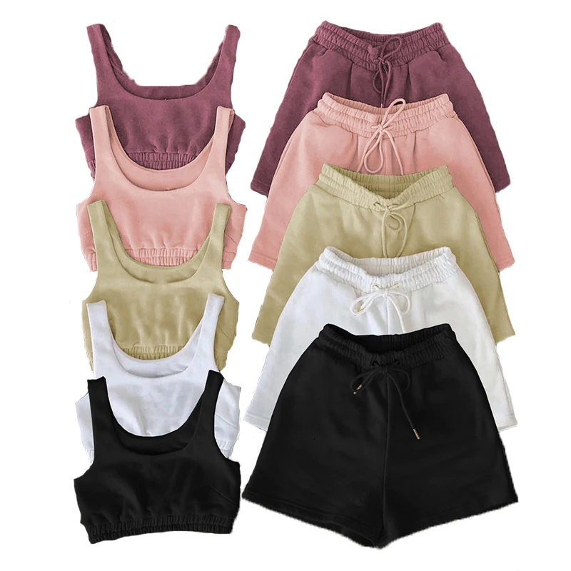 

A101 Summer 2021 Casual Crop Top Two Piece Shorts Pants Set Joggers Sets Outfits 2 Piece Sweatsuit Sweat Short Set Women, 15 colors
