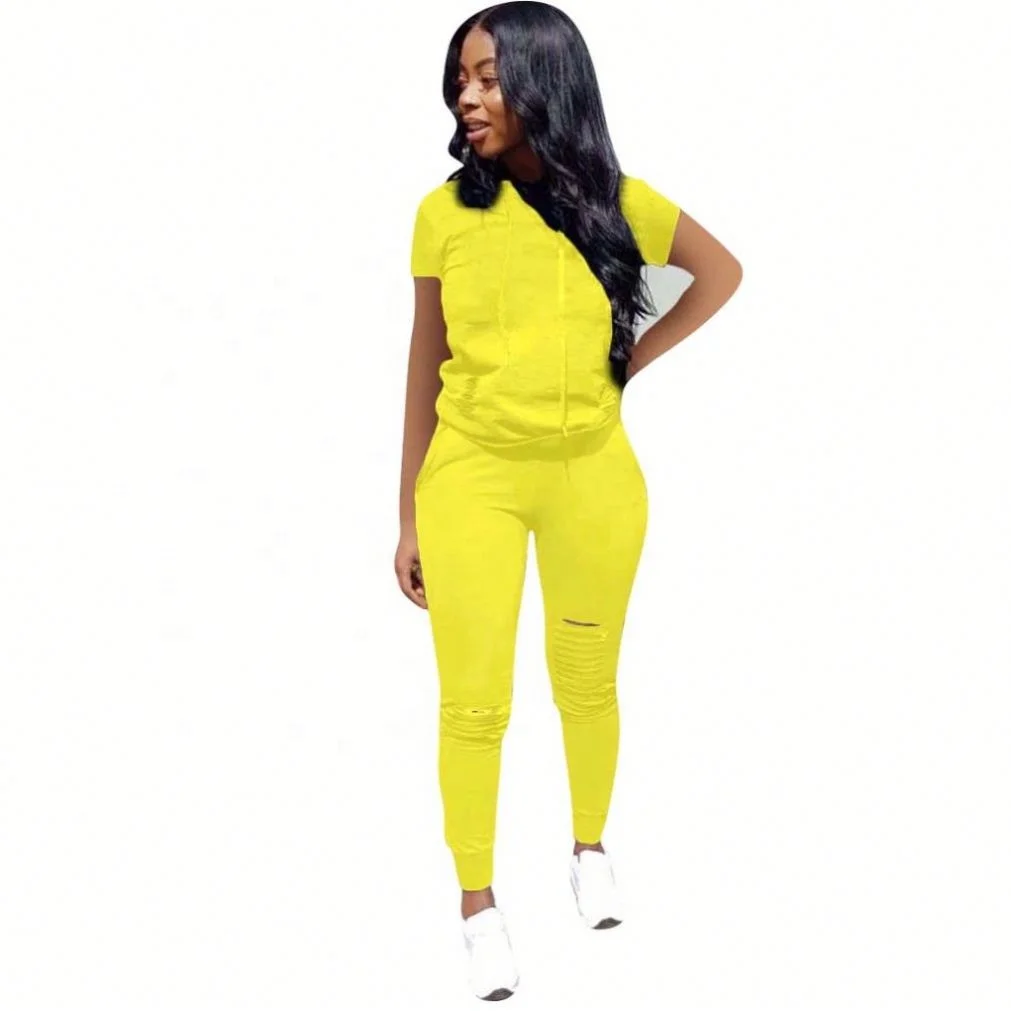 

Women Loungewear Activewear Solid Color 2 PCS Tracksuits Set Short Sleeve T-shirt Gym Pant in Stock