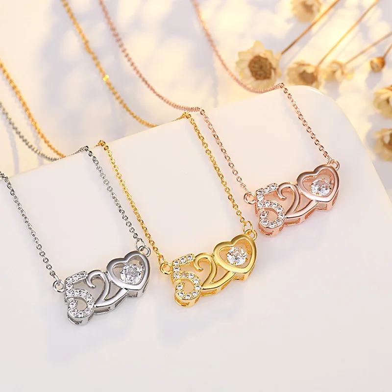 

520 Digital Heart Diamond Pendant Necklace Valentine's Day Spinning Diamond Necklace Women Accessories