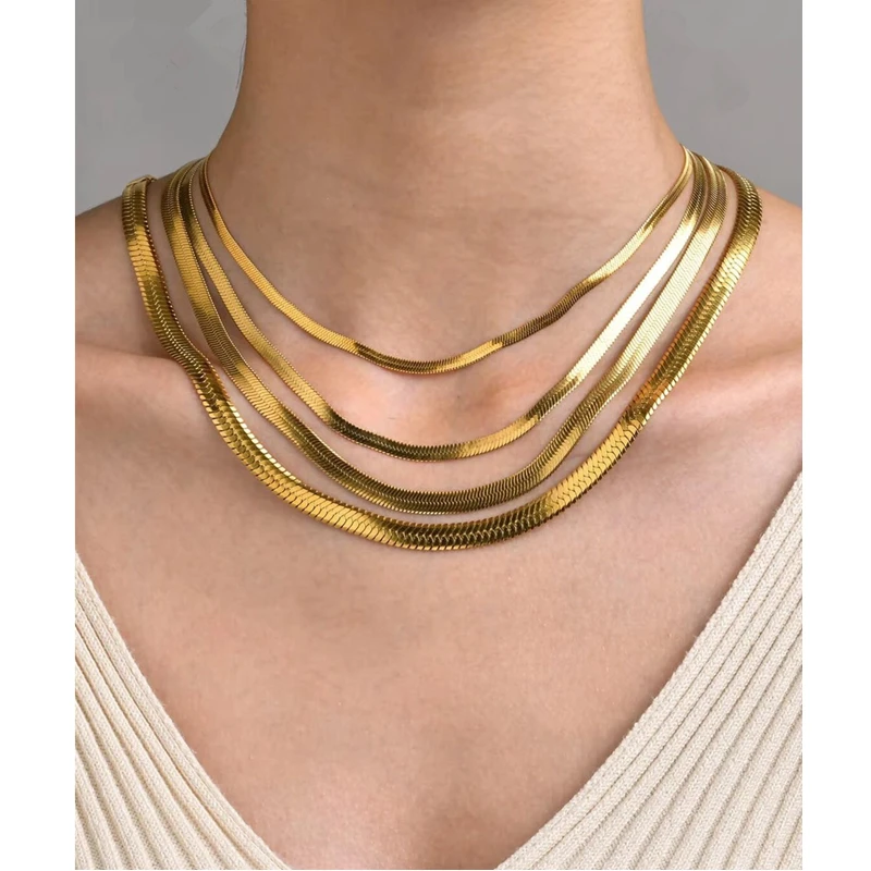 High End 18K PVD Gold Plated Herringbone Choker Necklace Snake  Stainless Steel Necklace