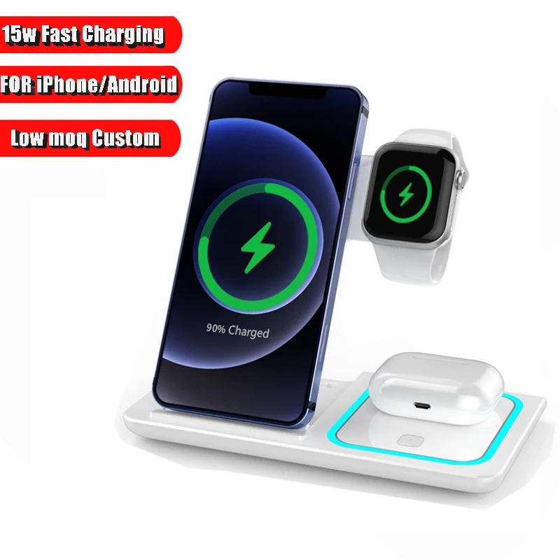 

X455 15W 3 in 1 one Foldable Portable Fast wireless Charging station dock Magnetic phone Qi Wireless Charger Stand for iPhone