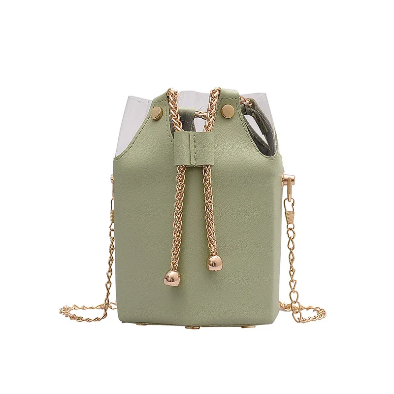 

SP1054 Ladies Fahion Bag Handbag Drawstring Chain Purse Small Shoulder Purses Women Transparent Bucket Handbags, Picture shown
