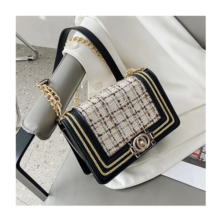 

Lady Luxury Tweed Messenger Bags New Fashion Chain Crossbody Bags High Sense Women PU Handbags Chic Lock Shoulder Purses Sac