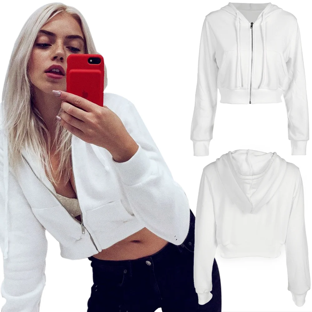 

Women Crop Top Hoodies Casual Women Autumn Winter Drawstring Sweatshirt Hooded Zip up Sports Jacket Ladies Coats Outwear RS00515