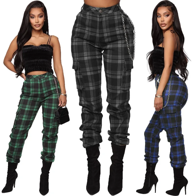 

High Waist Ladies Skinny Pants Plaid Print Chain Multi Bag Harem Trousers Women Patch Pocket Checkered Camouflage Cargo Pants