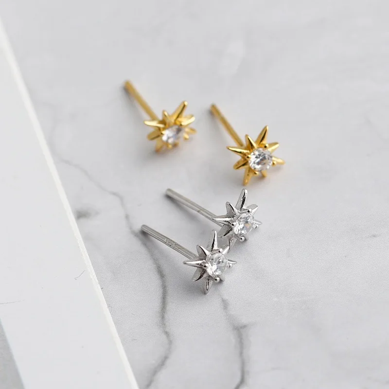 New Fashion Silver Earrings Jewelry 925 Sterling Silver Small Star Stud Earrings with White Diamond Gold Plated Earrings Women