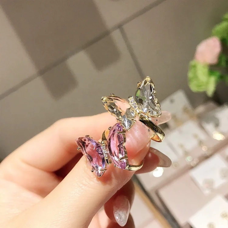 

Korea New Design Fashion Jewelry Stained Glass Crystal Butterfly Open Ring