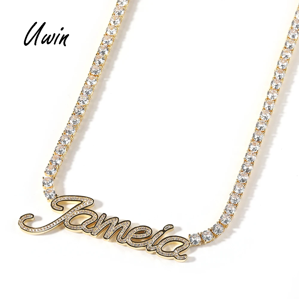 

UWIN New Arrival Custom Name Pendant with CZ Tennis Chain Font Five Letter Pendant Necklace Unisex Choker Chain