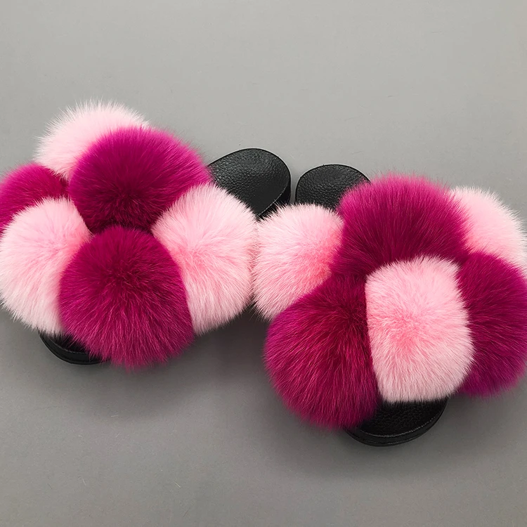 

New more than 30 colors pom pom fur slides slippers furry fox fur slide slipper, Customized color