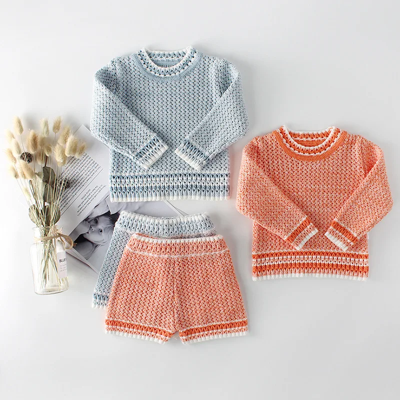 

Infant Boy Girl Knitted Clothing Cute Knitted Pullover Sweater +Knitted Shorts 2pcs Outfit Infant Winter Knitted Garment Sets, As photos